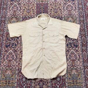 VTG 50s Creighton Military Tan Khaki Short Sleeve Button Down Shirt 15.5 M USA